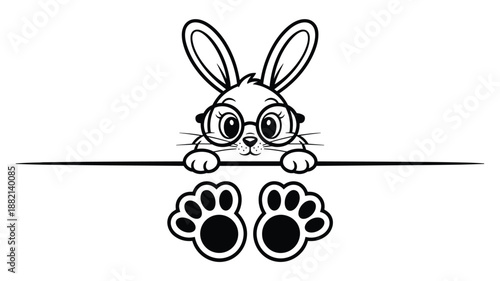 Cartoon bunny wearing glasses peeking over a line with paws visible keywords: rabbit character animal