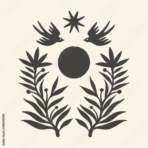 Symmetrical Linocut Illustration of Flying Birds with Sun and Star, Mystical Celestial Folk Art with Botanical Leafy Branches in Black Ink Style for Wall Art Decor
