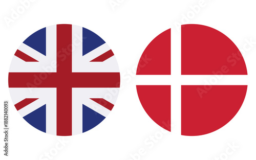 united kingdom and denmark round flag icons set, uk and danish circular national flags isolated on white, european vector illustration