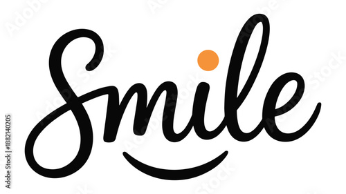 Keywords: Black cursive word Smile with orange dot above i and curved line below text lettering calligraphy