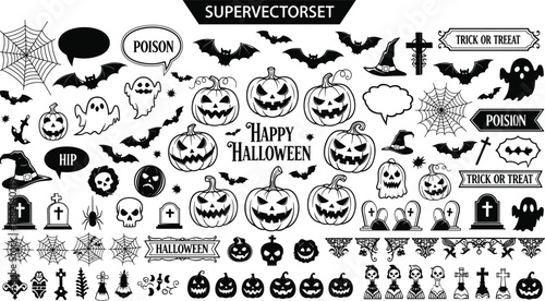 Halloween vector icons set, spooky symbols, jack-o'-lanterns, ghosts, bats, skulls, poison, festive graphics, black illustrations, holiday design