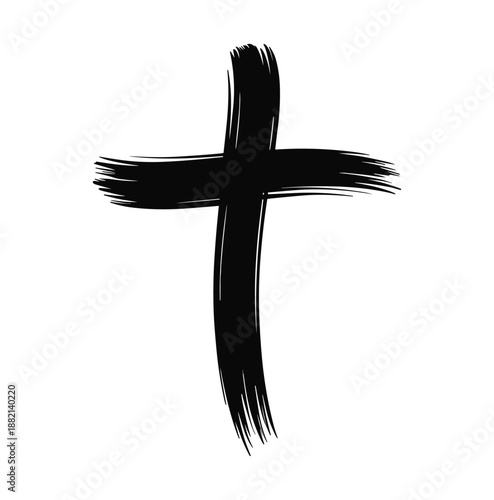 Keywords: Black ink brush stroke cross symbol on white background