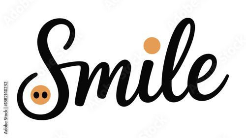 Keywords: Black cursive word Smile with two brown dots and one orange circle on white text lettering