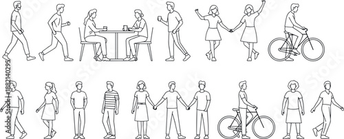 Human activity line art bundle, walking, running, cycling, dancing, sitting, holding hands, everyday motion, black white minimalist design