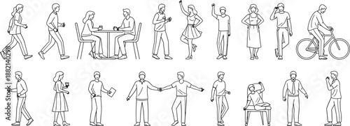 Human activity line illustrations set, walking, sitting, dancing, reading, cycling, gesturing, simplified figures, black design, minimal pose graphics