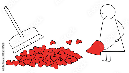 Person sweeping up hearts with a broom and dustpan