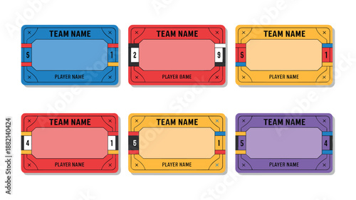 Six colorful game scorecards with team and player name fields and numbers keywords