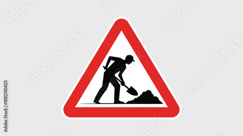 Red triangle warning sign silhouette of man digging with shovel near pile of dirt keywords