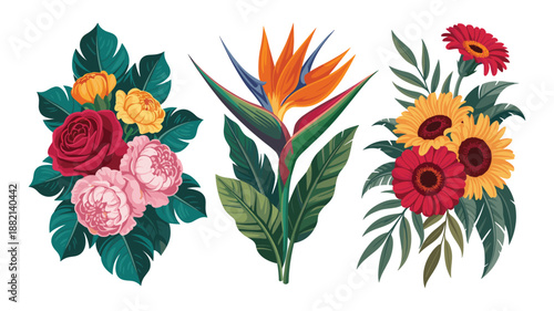 Three distinct floral arrangements featuring roses sunflowers bird of paradise and gerbera daisies with lush green foliage keywords