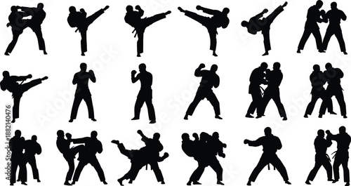 Martial arts silhouette icons set, combat poses, self-defense graphics, fighting stances, kick, punch, grapple, black action illustrations