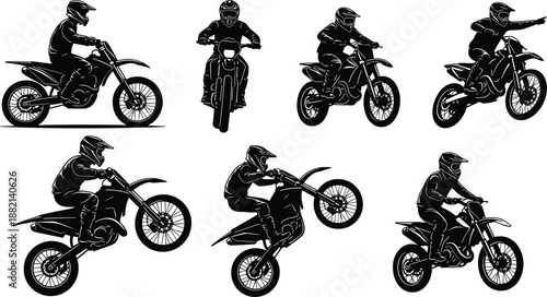Motocross rider silhouette set, black dirt bike illustration of stunts, jumps, racing poses for sport design, extreme action concept