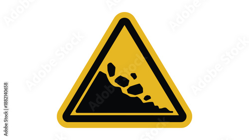 Yellow triangle warning sign with keywords: black symbol of falling rocks
