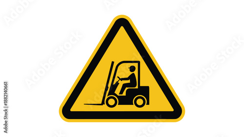 Yellow warning triangle sign with keywords: black silhouette of person operating forklift