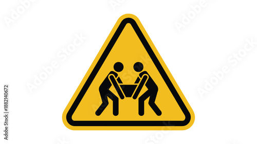 Yellow warning triangle sign with keywords: black silhouette of two people lifting heavy