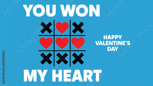You Won My Heart Tic Tac Toe Game Red Hearts keywords: Black Xs Blue Background