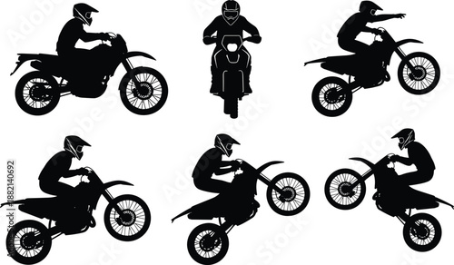 Motocross Rider Silhouettes Collection Set Featuring Dirt Bike Stunts Jumps Enduro Racing and Offroad Motorcyclist Action Poses Isolated on White Background