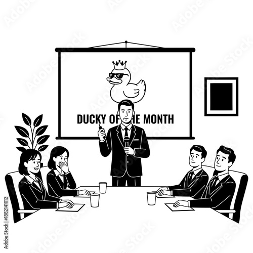 April Fools Office Meeting Prank Ducky of the Month Presentation Black and White Cartoon Illustration