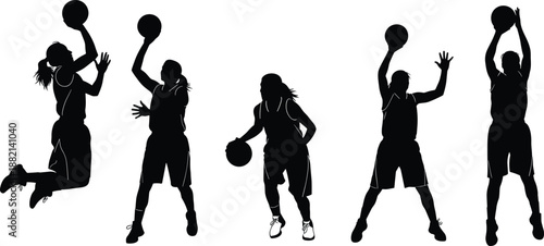 Set of black silhouettes of female basketball players in action poses, dribbling, jumping, and shooting, isolated on a white background.