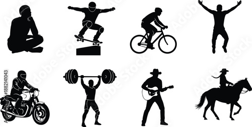 Set of black silhouettes featuring various lifestyle activities, including skateboarding, cycling, weightlifting, motorcycle riding, guitar playing, and horseback riding.