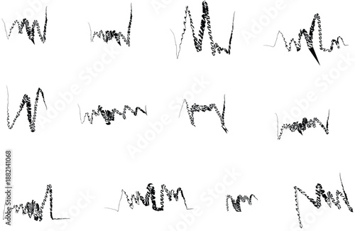 Collection of distressed black line graphs on white background