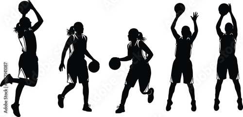 Set of black silhouettes of female basketball players in various action poses, dribbling, jumping, and shooting hoops isolated on white.