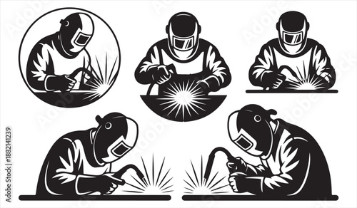 Welder and welding worker silhouette illustration set for industrial design
