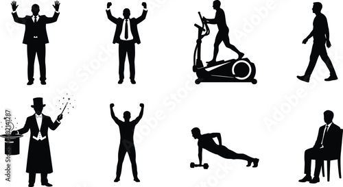 Silhouette activity bundle, business poses, fitness motion, magician trick, walking, elliptical exercise, push-up workout, black white vector design