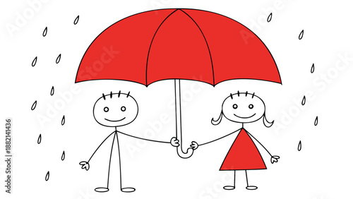 Happy couple sharing red umbrella on rainy day together