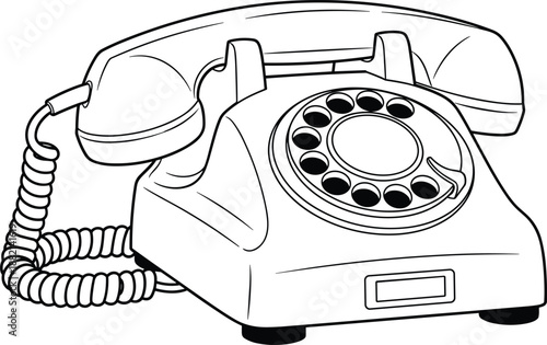 PrVintage rotary dial telephone line art illustration, classic retro landline phone vector icon, antique communication device drawing for coloring book or nostalgic designint