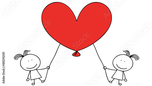 Two happy girls holding a large red heart shaped balloon