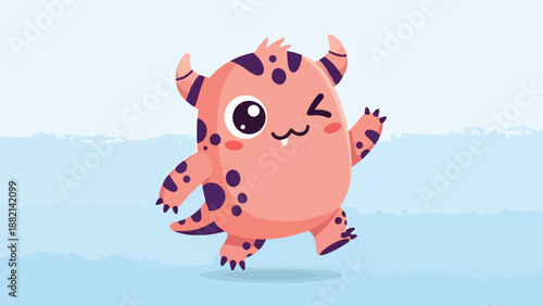 Playful Pink Monster with Purple Spots Winking and Dancing.