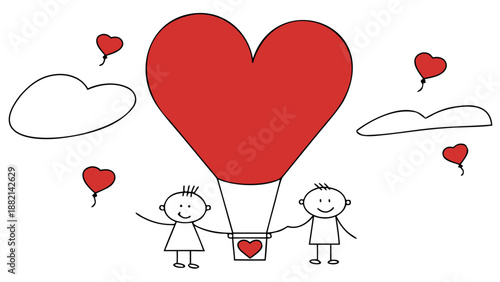 Couple in love flying high in heart shaped hot air balloon