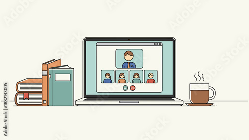 Laptop Displaying Video Conference on Screen.