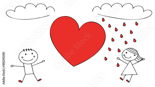 Stick figures expressing love on a rainy day with heart