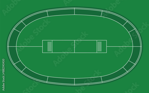 Cricket stadium top view illustration with green field and white boundary lines