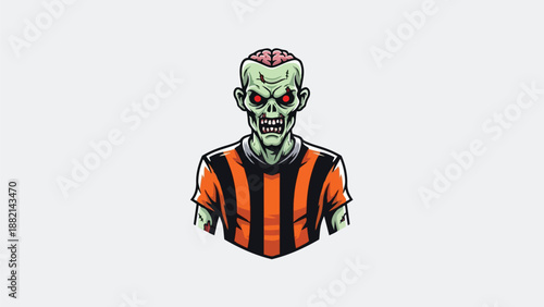 Zombie in Striped Shirt Illustration with Exposed Brain.