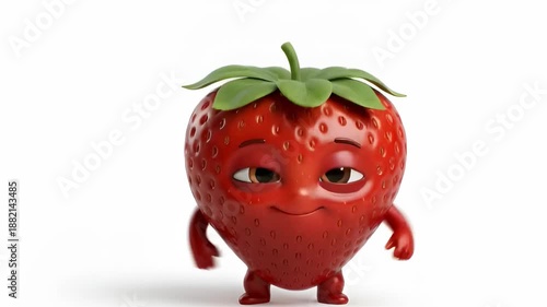 Cute strawberry character dancing gently with a bright smile, 3D cartoon style on white background, perfect for cheerful fruit visuals and playful animations.