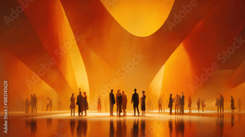 Silhouettes of people gathering inside a glowing abstract architectural space, conveying creativity, culture, and shared human experience.