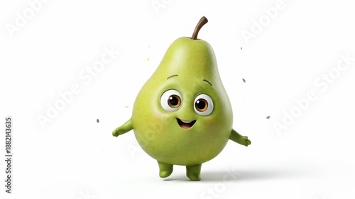 Adorable green pear character dancing gently with a sweet smile, 3D cartoon style on white background, perfect for healthy food visuals and children’s videos.
