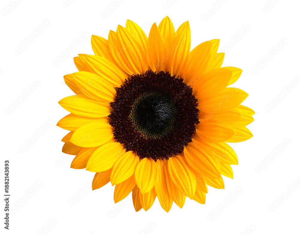 Fototapeta premium Vibrant sunflower with dark center and bright yellow petals on black background
