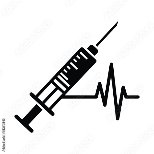 Medical Syringe with Heartbeat Pulse Line Icon - Injection and EKG Silhouette for Healthcare