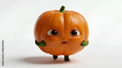 Adorable pumpkin character dancing joyfully with big eyes and a cheerful smile, 3D cartoon style on white background, ideal for fun autumn food visuals.