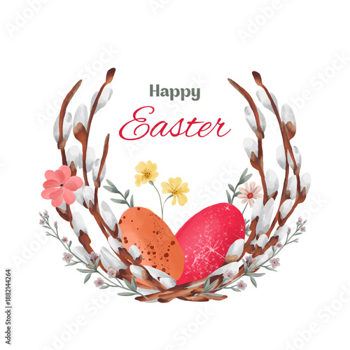 Hand-drawn watercolor illustration of willow branches with Easter decorations. Delicate spring composition painted in a soft watercolor style