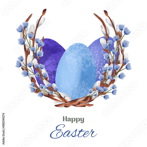 Hand-drawn watercolor illustration of willow branches with Easter decorations. Delicate spring composition painted in a soft watercolor style
