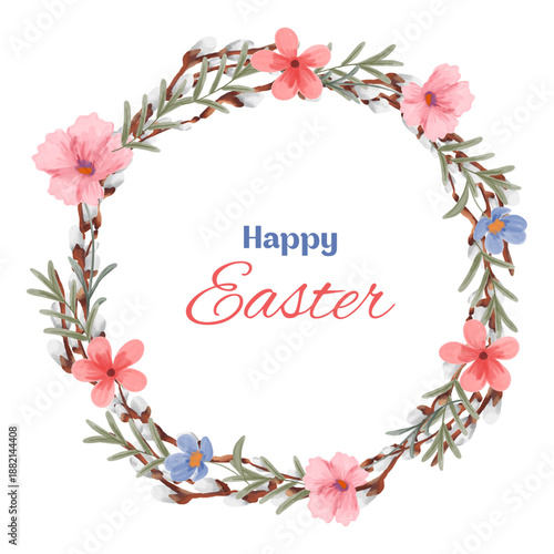 Hand-drawn watercolor illustration of an Easter wreath made of willow branches with festive Easter decorations. Happy Easter