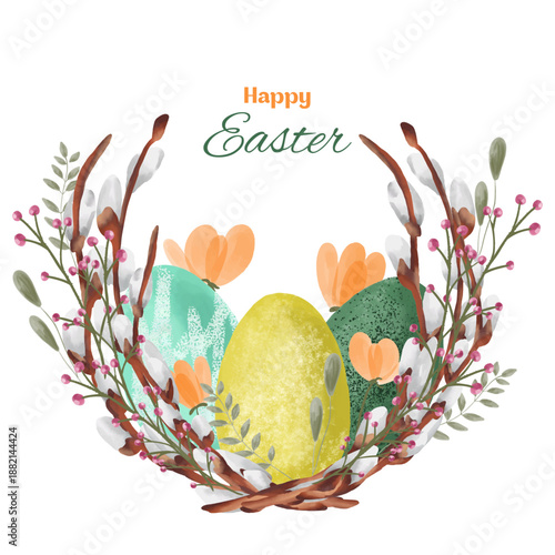 Hand-drawn watercolor illustration of willow branches with Easter decorations. Delicate spring composition painted in a soft watercolor style
