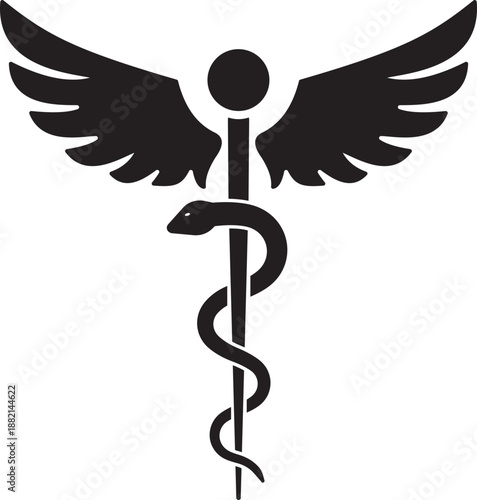 Caduceus and rod of Asclepius medical icon. Snake entwined around a staff with wings for pharmacy and healthcare symbols, Isolated on transparent background. Vector illustration.