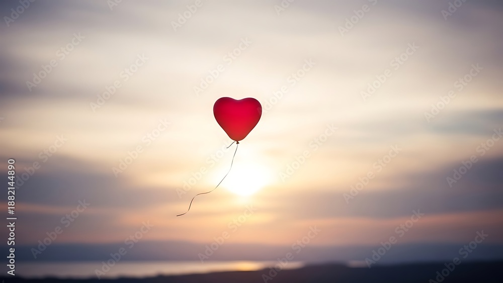 Fototapeta premium A solitary red heart balloon gracefully floats against the warm embrace of a sunset sky