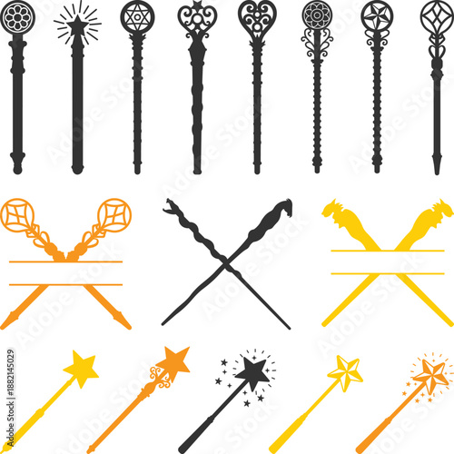 Collection of Magic Wand Silhouettes, Magic wand svg. wizard wands Icons, Magic staffs elements silhouette, magic stick vectors Illustration.