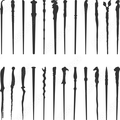 Collection of Magic Wand Silhouettes, Magic wand svg. wizard wands Icons, Magic staffs elements silhouette, magic stick vectors Illustration.